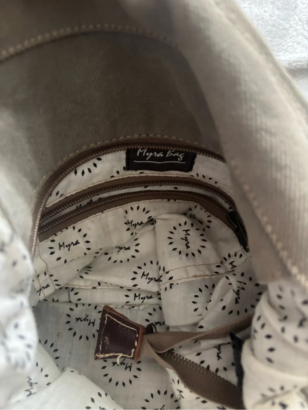 Myra Brown Leather & Ivory Patterned Hobo Canvas Crossbody Shoulder Bag